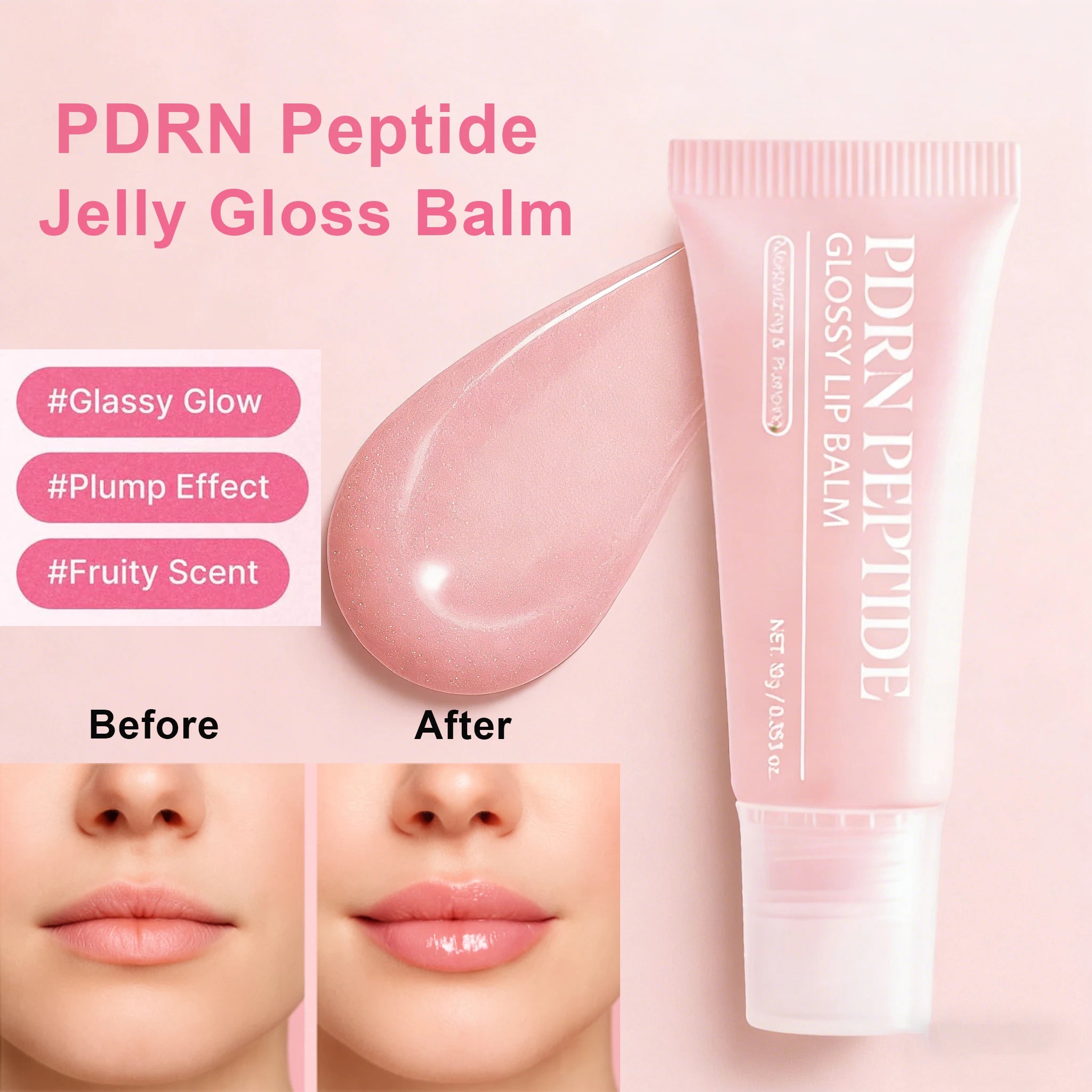 PDRN Peptide Jelly Gloss Balm,Moisturizing Lip Gloss with Pink Peptide, Hyaluronic Acid, Ceramide for a Plump, Glossy Lips 10g