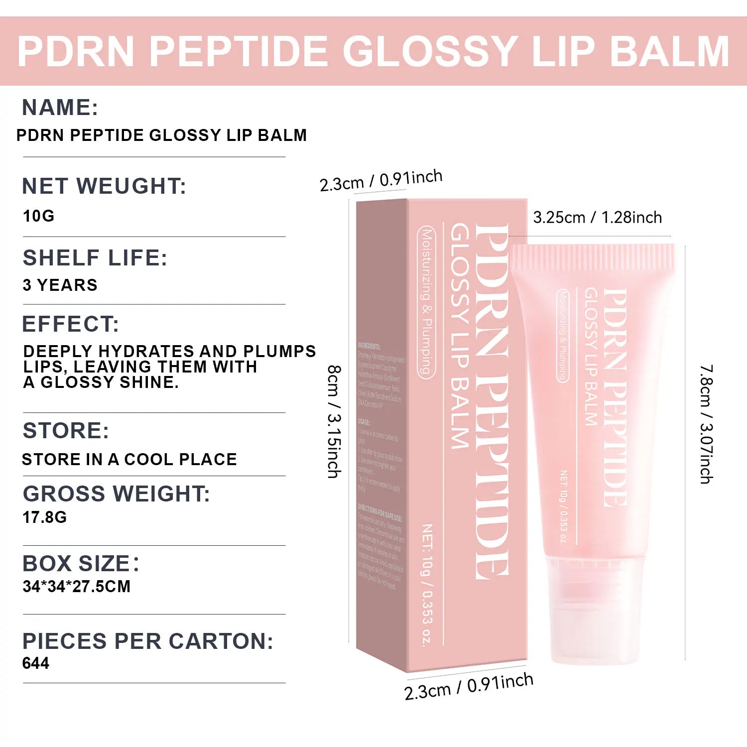 PDRN Peptide Jelly Gloss Balm,Moisturizing Lip Gloss with Pink Peptide, Hyaluronic Acid, Ceramide for a Plump, Glossy Lips 10g